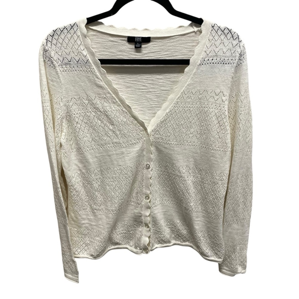 Frye Pointelle sweater Cardigan cream women’s size large dainty feminine